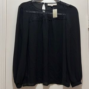 Ann Taylor Loft Petite Small SP Black Lace Yoke Detail Blouse NWT